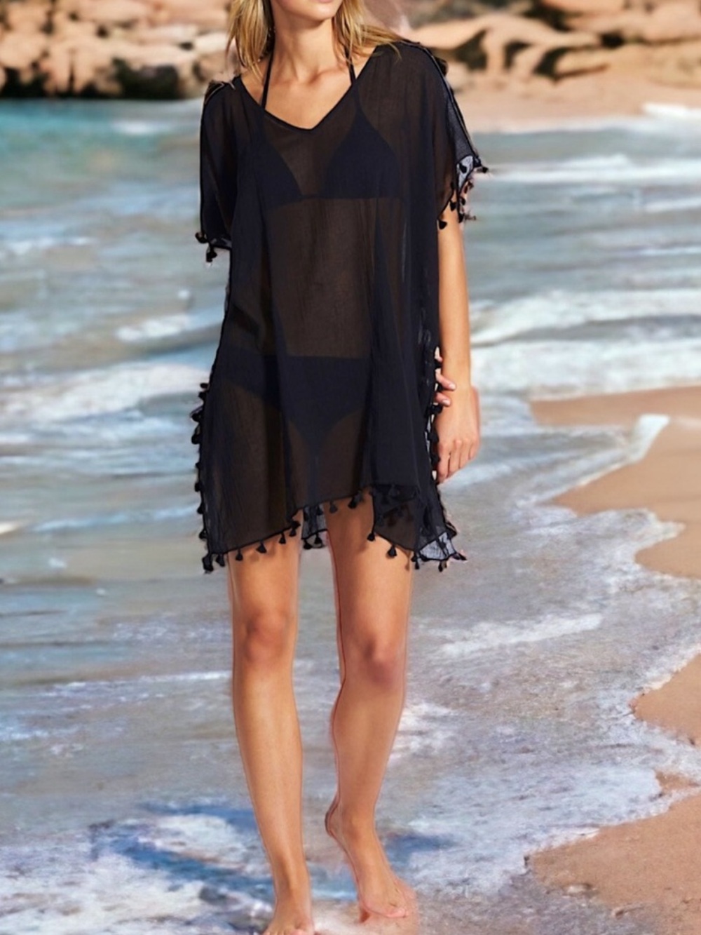 Seafolly Beach Basic Midi Kaftan Black sheer v neck tassel trim cover up OS